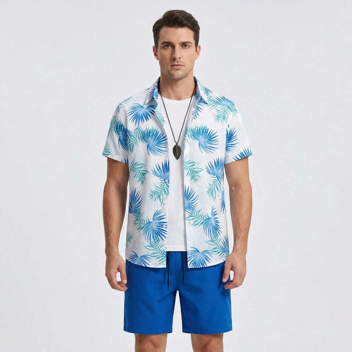 Herren Sommer-Outfit: Luftiges Kurzarmhemd & bequeme Shorts. Perfekt für Strand und Freizeit.