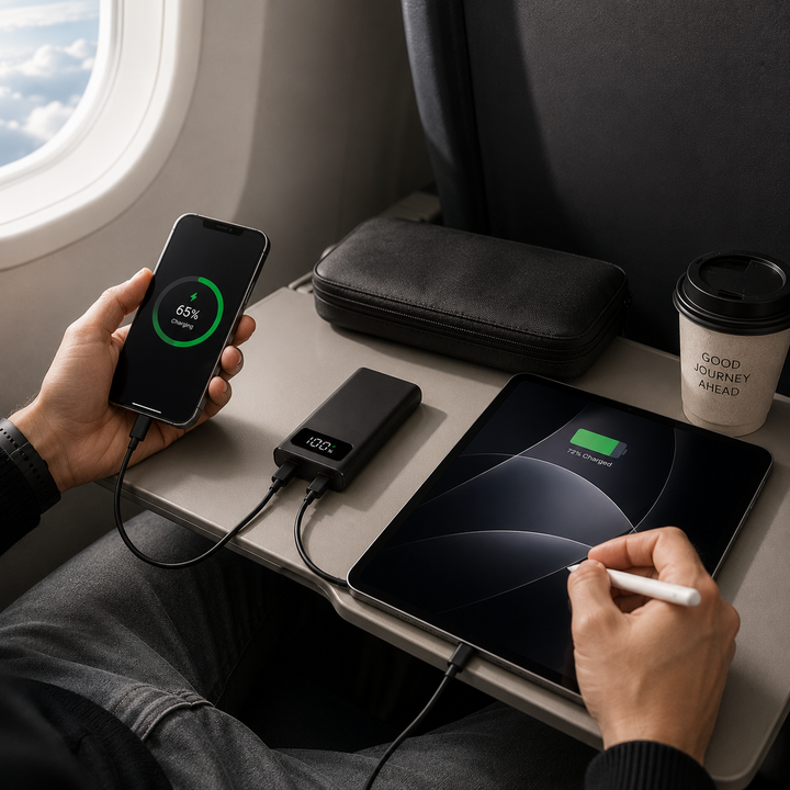 Elegante, schlanke 20.000 mAh Powerbank mit Digitalanzeige und Schnellladefunktion.