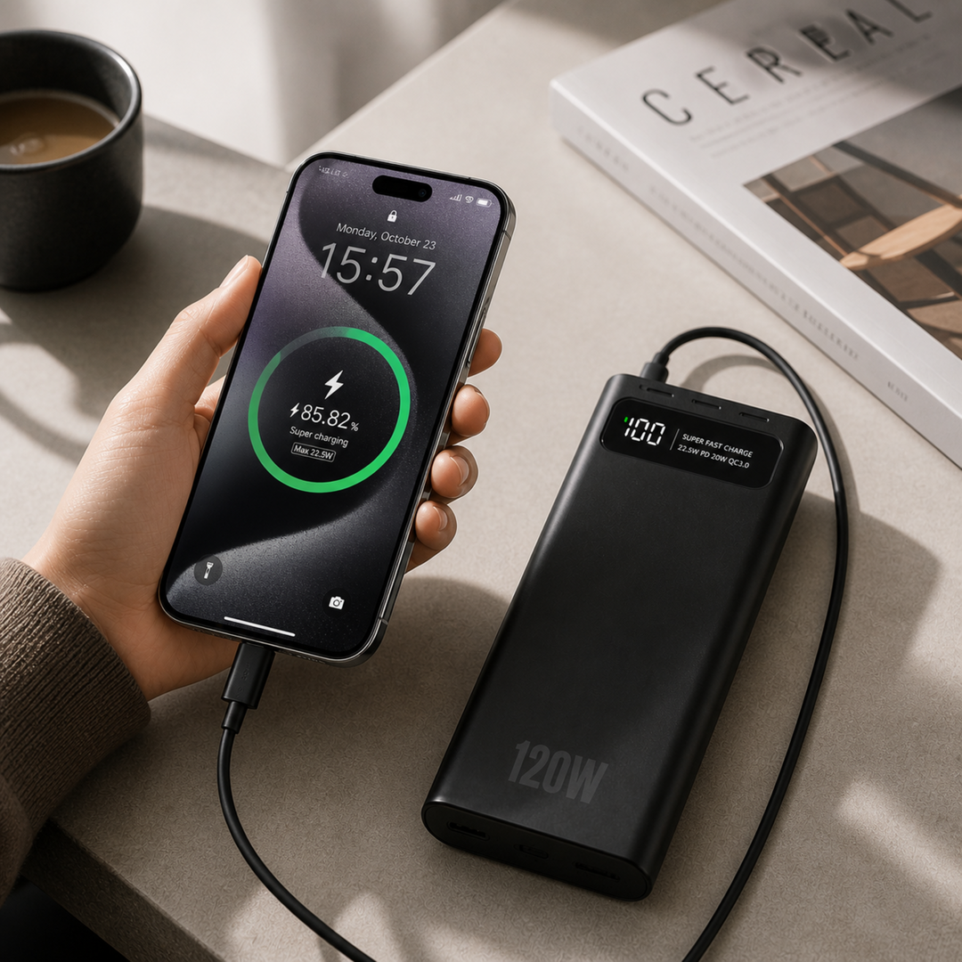 Powerbank 20.000 mAh neben einem Zelt. Perfekt für Outdoor, mit Schnellladefunktion.