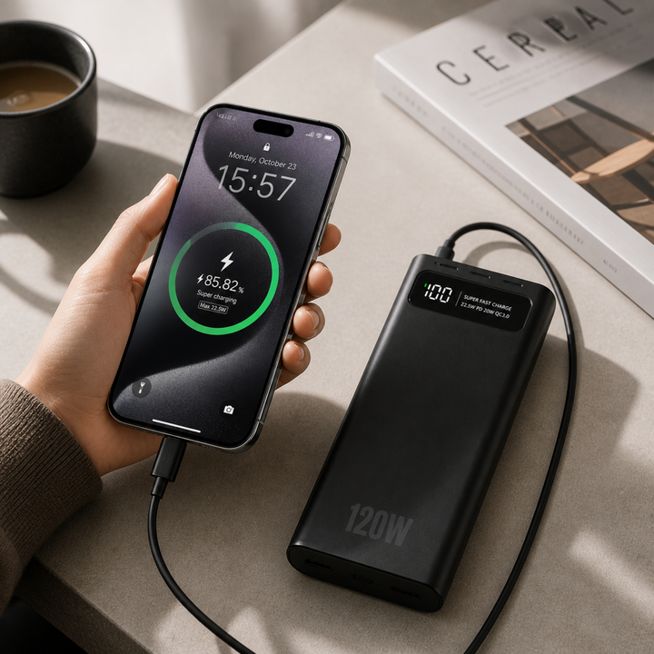 Powerbank 20.000 mAh neben einem Zelt. Perfekt für Outdoor, mit Schnellladefunktion.