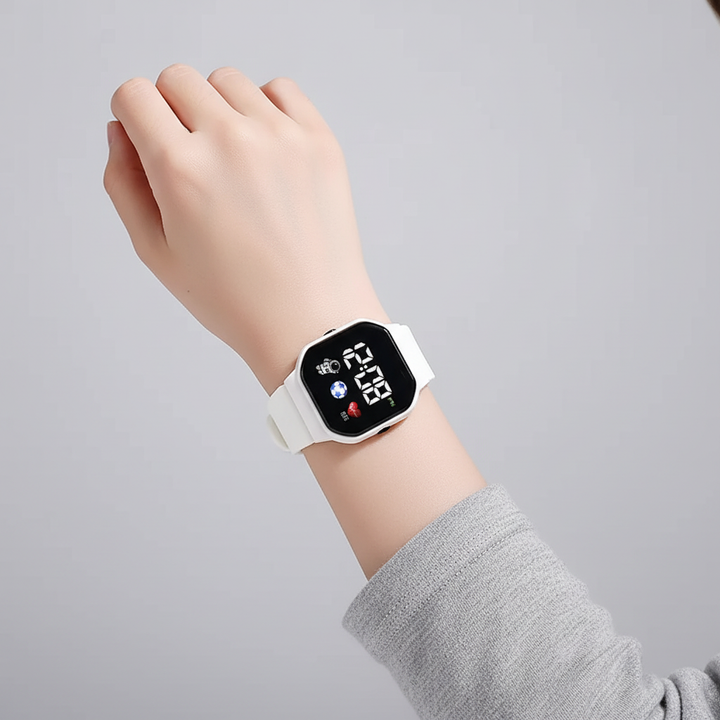 Blaue digitale Kinderuhr aus weichem Silikon mit großer, klarer LED-Anzeige am Handgelenk.