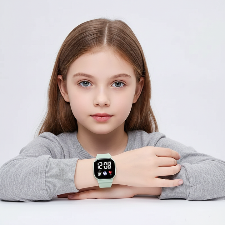 Wasserdichte (spritzwassergeschützt) digitale Kinderuhr in Pink, aus Silikon, mit LED-Display.