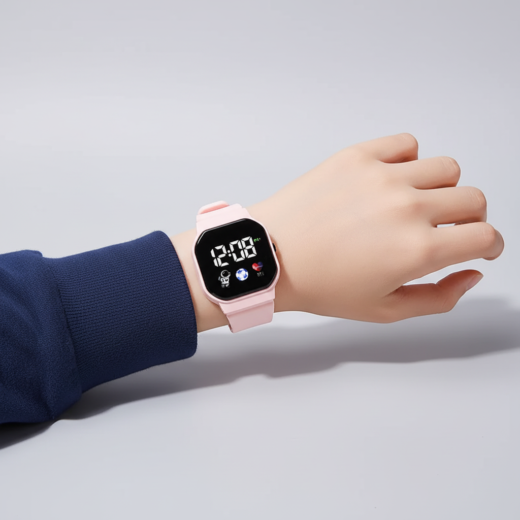Graue digitale Silikonuhr für Jungen und Mädchen, mit LED-Anzeige und Zeitlernfunktion.