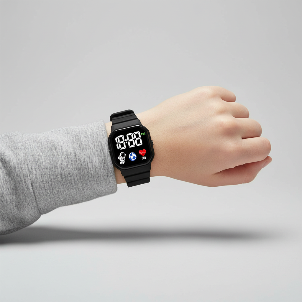 Leuchtende digitale Kinderuhr aus Silikon, perfekt für Dunkelheit, mit deutlicher LED-Zeitanzeige.