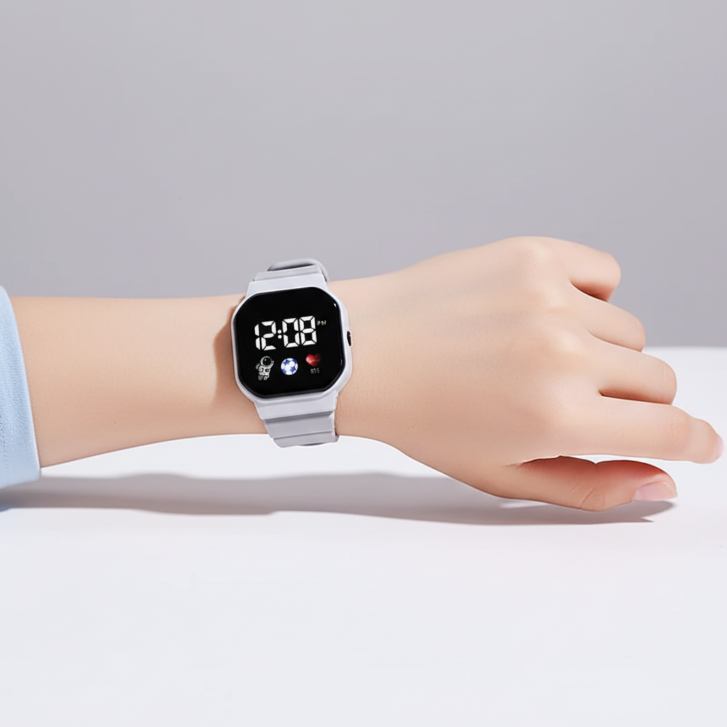 Spritzwassergeschützte digitale Kinderuhr mit farbigem Silikonband und heller LED-Uhrzeit.