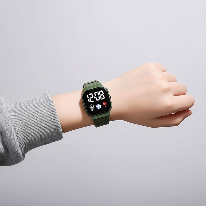 Orangefarbene digitale Kinderuhr aus flexiblem Silikon, mit großer LED-Anzeige und einfacher Bedienung.