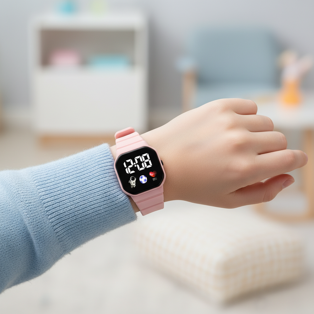 Digitale Kinderuhr aus Silikon mit leuchtender LED-Anzeige, ideal zum Zeitlernen für aktive Kids.