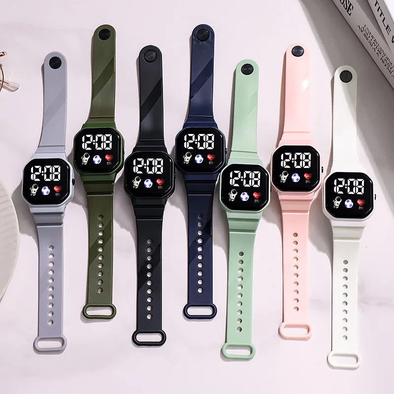 Digitale Kinder-Smartwatch aus Silikon, robust und spritzwassergeschützt, mit LED-Anzeige.