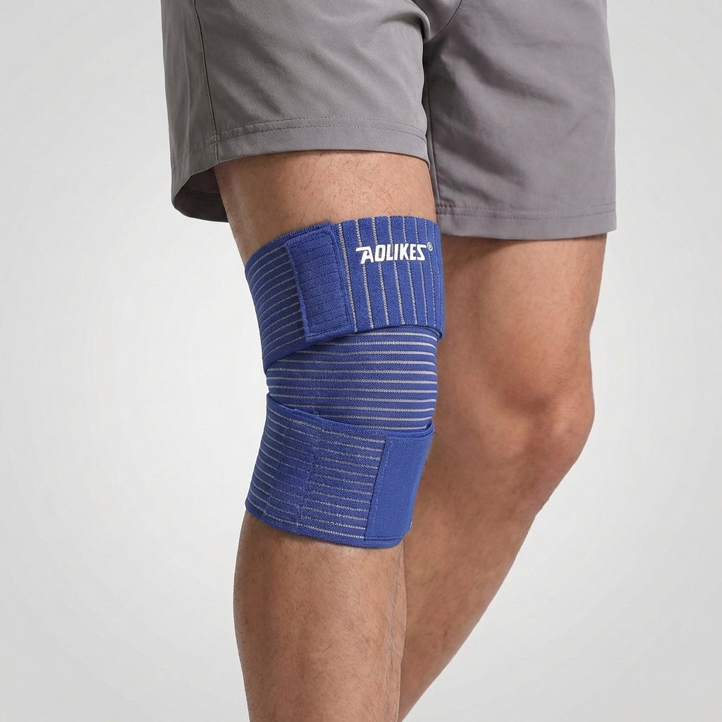 Schwarze, verstellbare Kompressionsbandage aus atmungsaktivem Nylonmaterial.