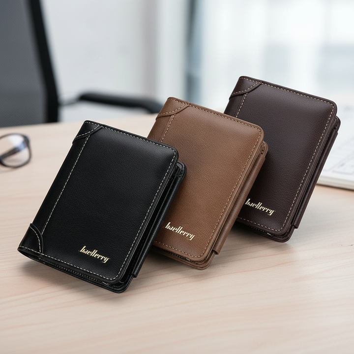 Dunkelbraune, kompakte Unisex RFID-Schutz-Brieftasche aus PU-Leder mit vielen Fächern für Karten und Geld.