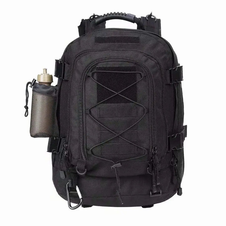 Rückansicht des robusten taktischen Rucksacks: Ergonomische Schultergurte & Hüftgurt für optimalen Tragekomfort beim Wandern.