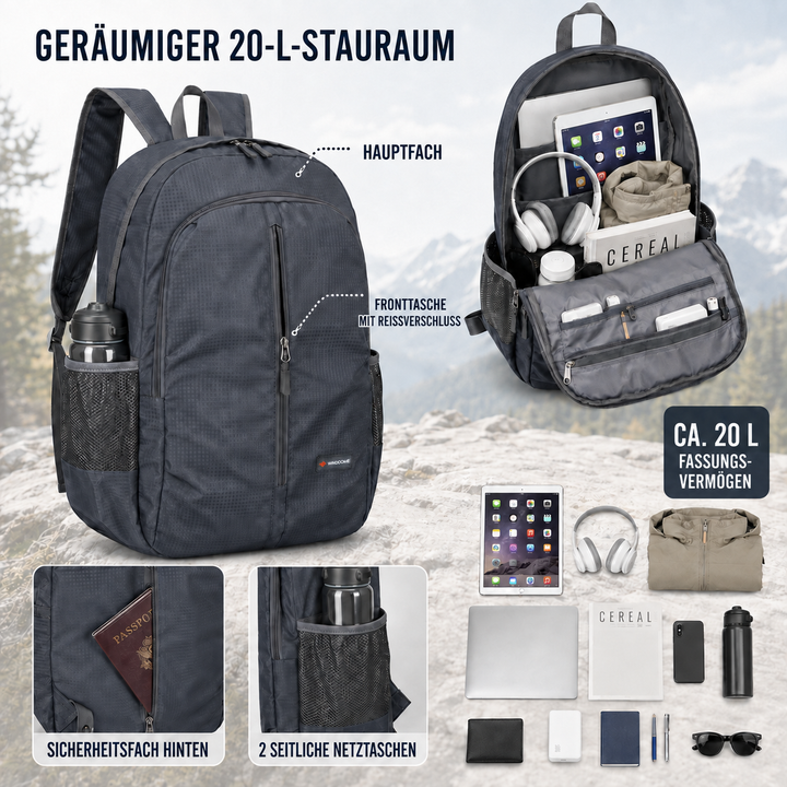 Blauer wasserabweisender Faltrucksack, entfaltet, optimal für Outdoor-Aktivitäten & spontane Kurztrips.