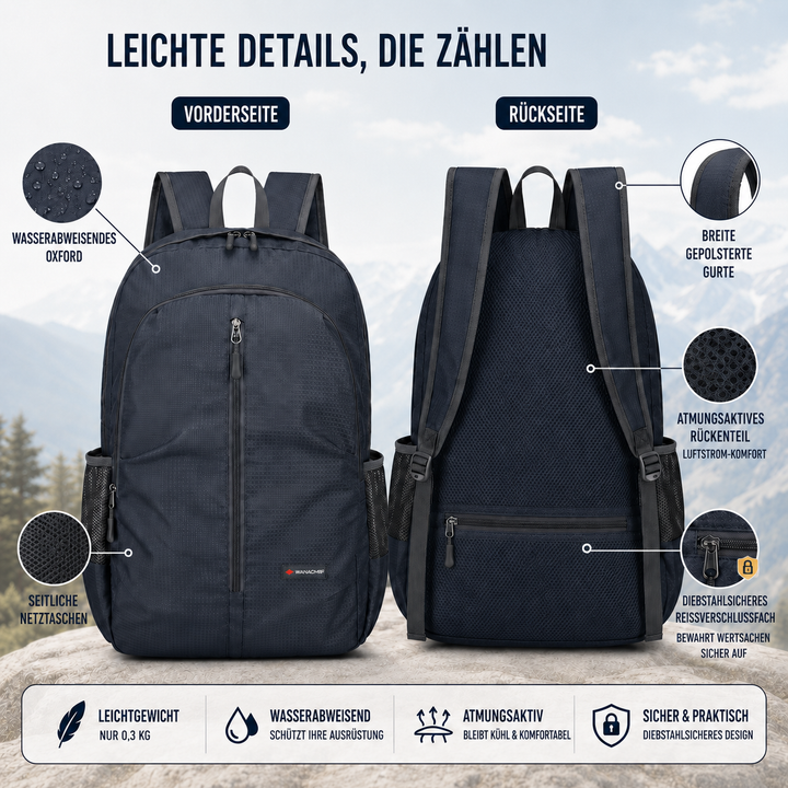 Grauer leichter Faltrucksack, entfaltet & robust, ideal als Tagesrucksack für Damen & Herren auf Reisen.