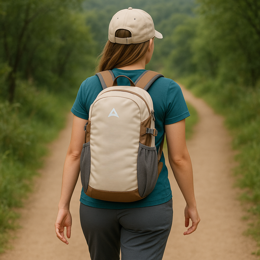 Wanderer trägt beigen 40L Outdoor-Rucksack, leicht, wasserdicht, ideal für Tageswanderungen & Reisen.