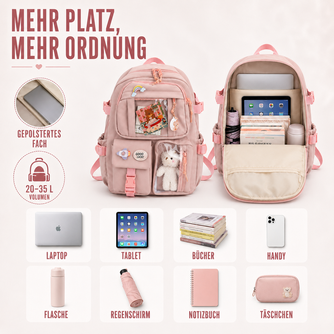 Ergonomischer Rucksack im Preppy-Design, optimaler Tragekomfort für lange Schultage und Uni.