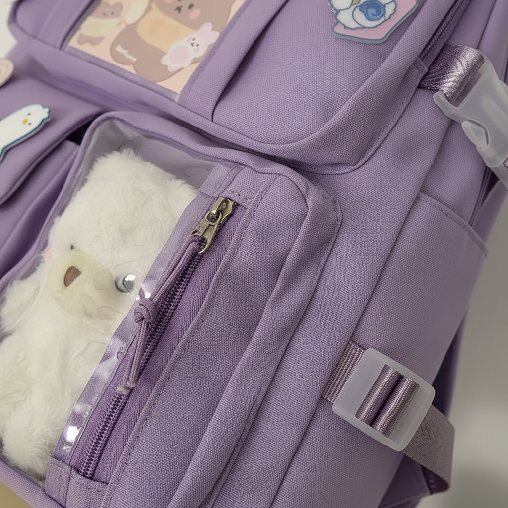 Innenansicht des Preppy Schülerrucksacks, präsentiert das geräumige Laptopfach und Organizer.