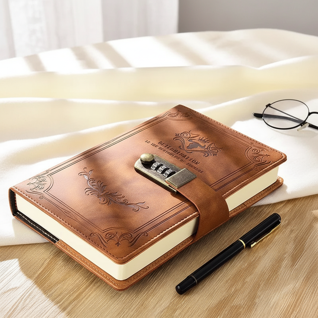Verschliessbares A5 Tagebuch mit Zahlenschloss für private Notizen, Hardcover in Lederoptik.