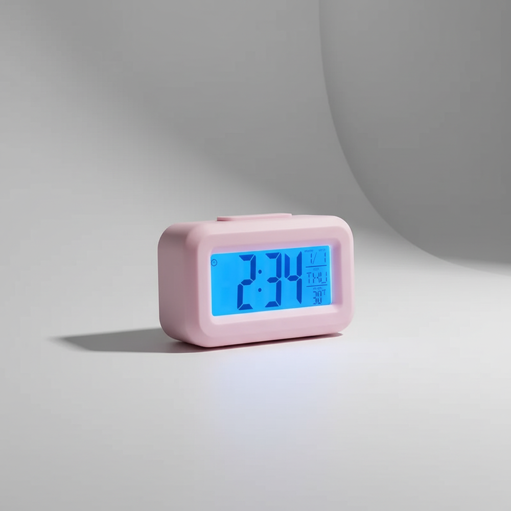 Moderne, batteriebetriebene LED-Digitaluhr mit Wecker. Tragbare Kompakteinheit für Zuhause. Mit Temperatur & Datum.
