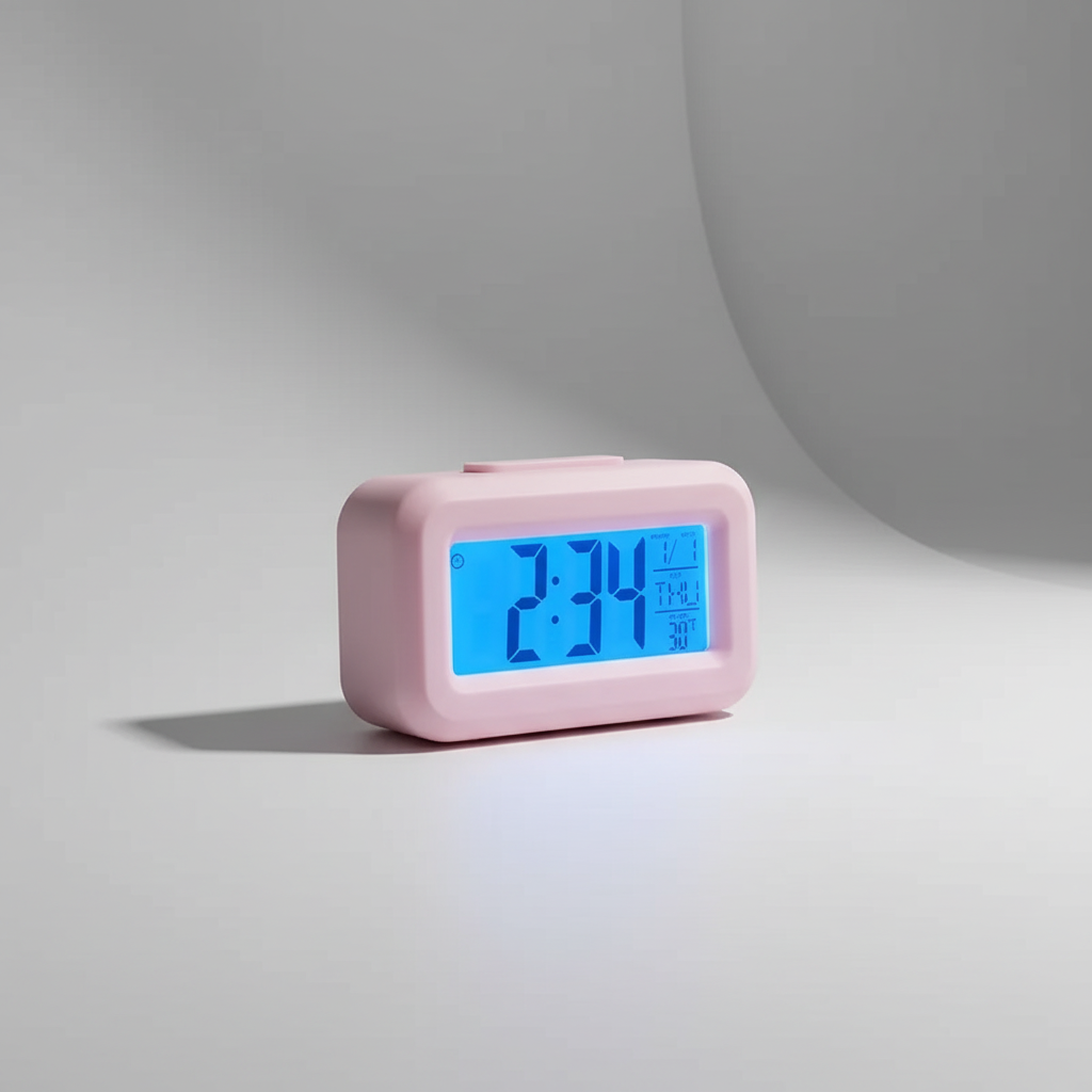 Moderne, batteriebetriebene LED-Digitaluhr mit Wecker. Tragbare Kompakteinheit für Zuhause. Mit Temperatur & Datum.