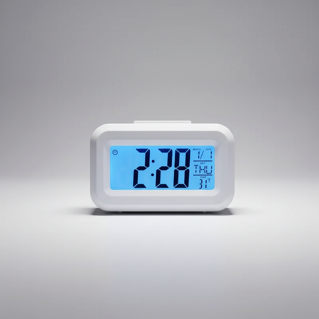 LED-Tischuhr mit Wecker und großem Digitaldisplay. Zeigt Datum, Zeit und Raumtemperatur. Kompaktes Design für Zuhause.