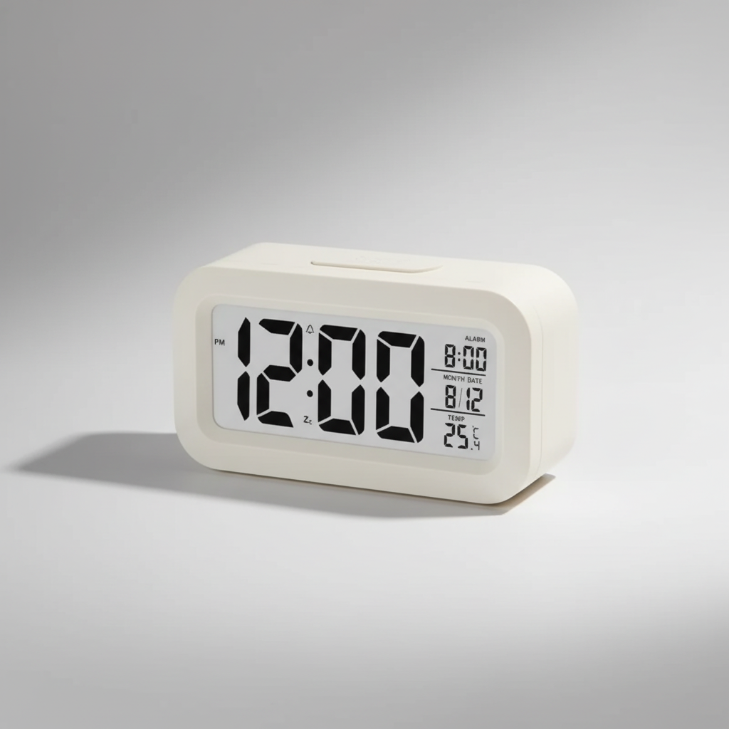 Batteriebetriebene, kompakte Digitaluhr mit LED-Display. Multifunktionaler Wecker mit Zeit-, Datum- und Temperaturanzeige.