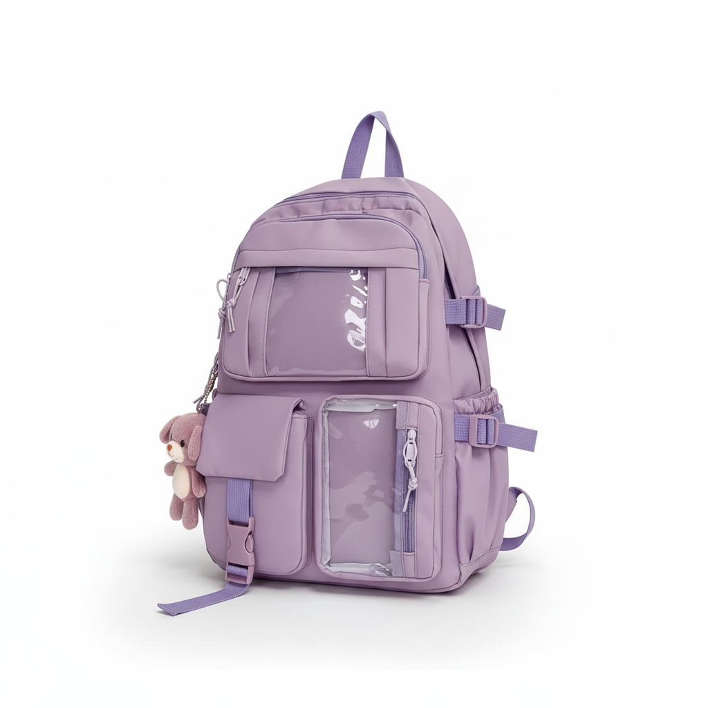 Niedlicher Damen Schulrucksack mit Puppen-Anhänger. Stylischer Freizeitrucksack für Mädchen & die Uni.