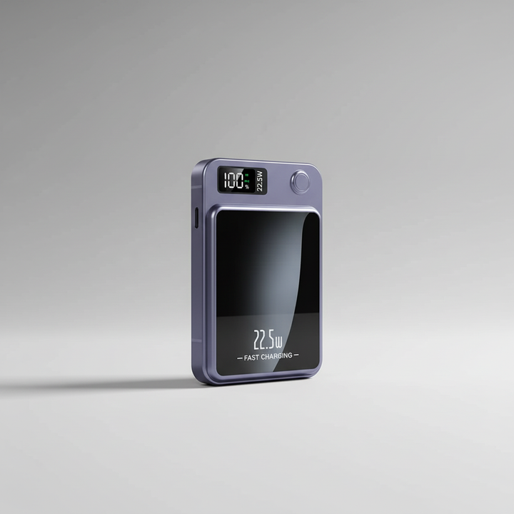 Kompakte magnetische Powerbank mit Akku und kabelloser Schnellladefunktion für Smartphones unterwegs.