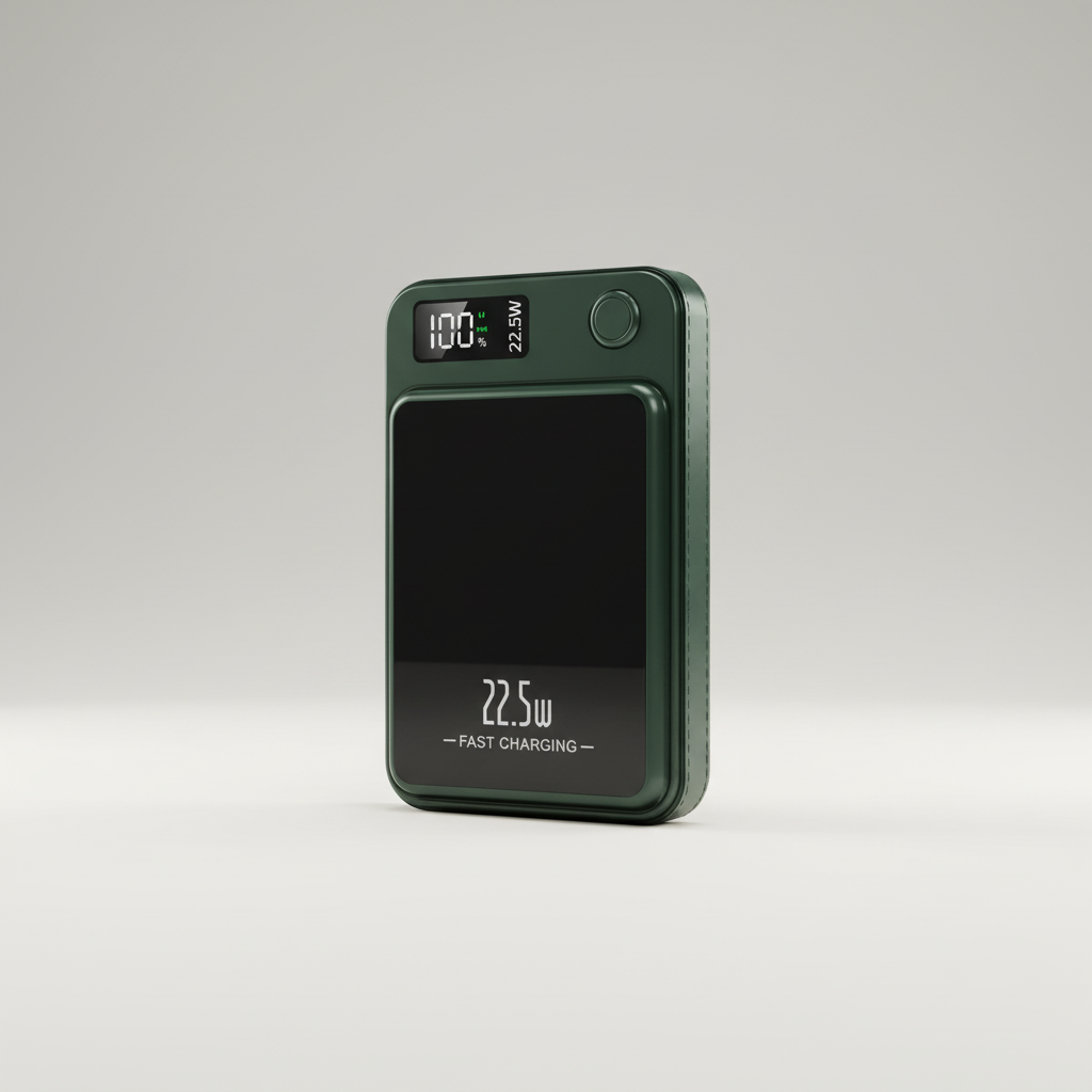 Tragbare magnetische Powerbank mit USB-C für kabelloses Laden von Smartphones; idealer Reisebegleiter.