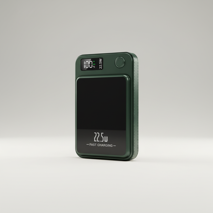 Tragbare magnetische Powerbank mit USB-C für kabelloses Laden von Smartphones; idealer Reisebegleiter.