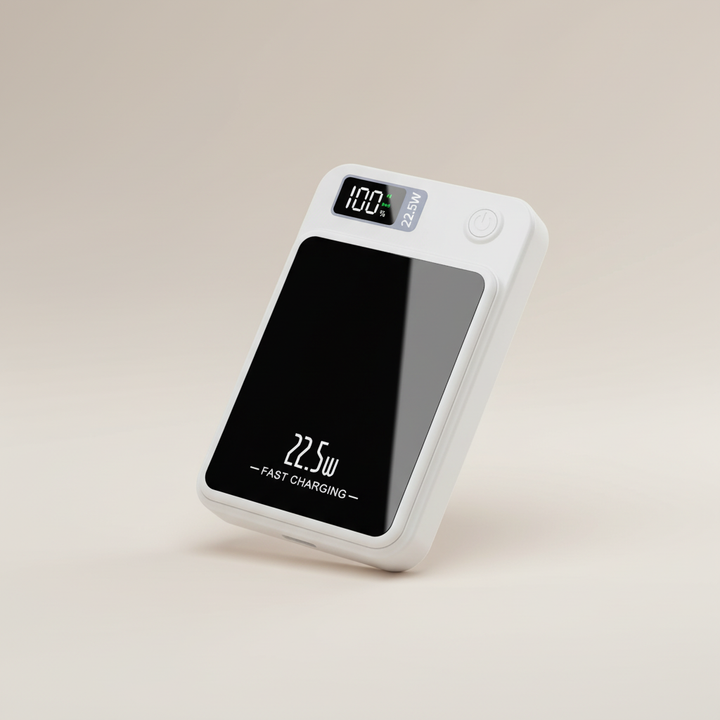 Schnelllade Powerbank, magnetisch und kabellos, mit Akku und Digitalanzeige für alle Smartphones.