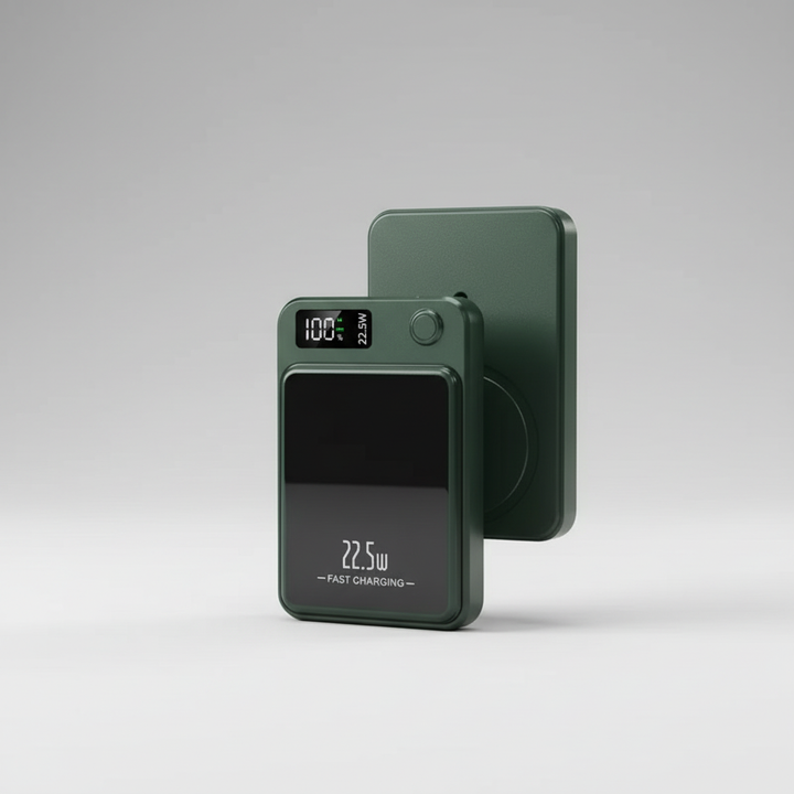 Stylische magnetische Powerbank, kabellos, für sicheres und schnelles Laden von Mobilgeräten und Akkus.