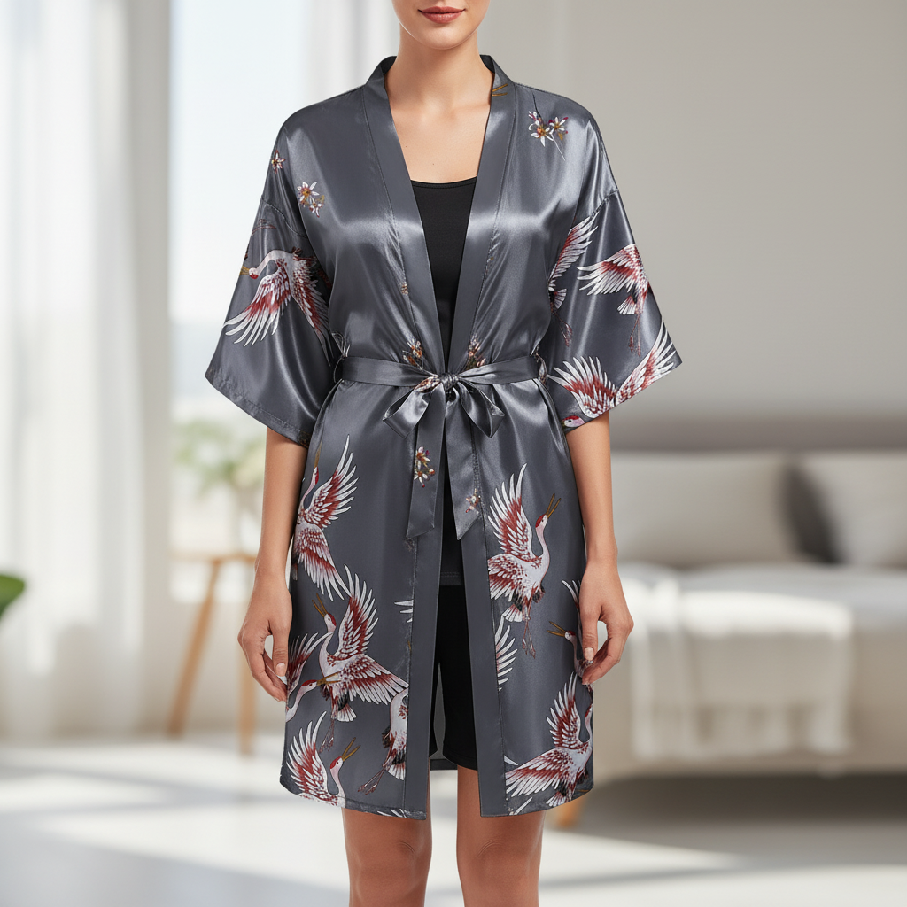 Kurzer Damen Kimono-Morgenmantel mit elegantem Blumenmuster für Entspannung zuhause.
