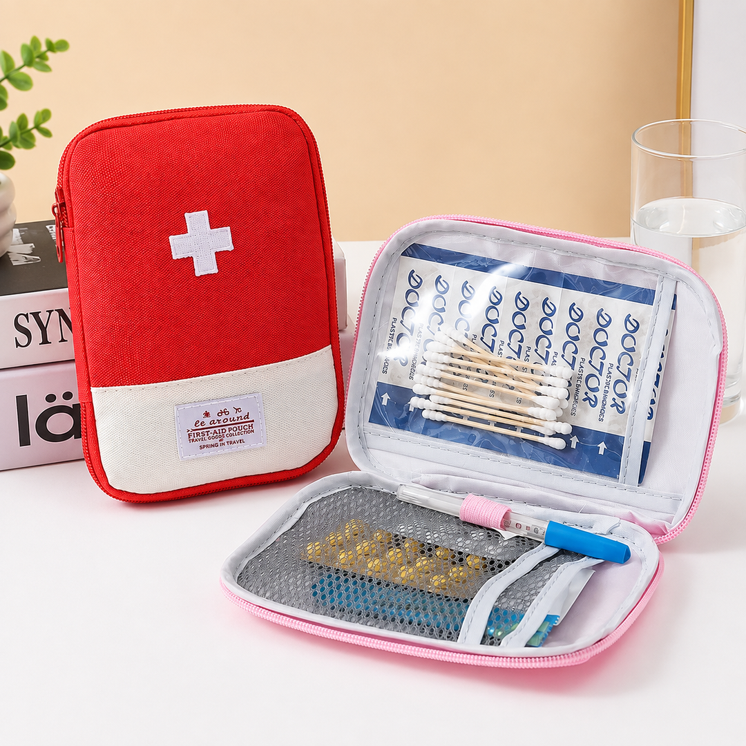 Kleiner Medizinbeutel, leicht zu transportieren, ideal als persönliche Notfalltasche für Reisen.
