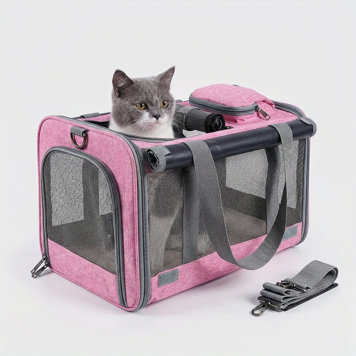 Weiche Transportbox für Haustiere, mit Tragesystem, ideal für Reisen und Tierarztbesuche.