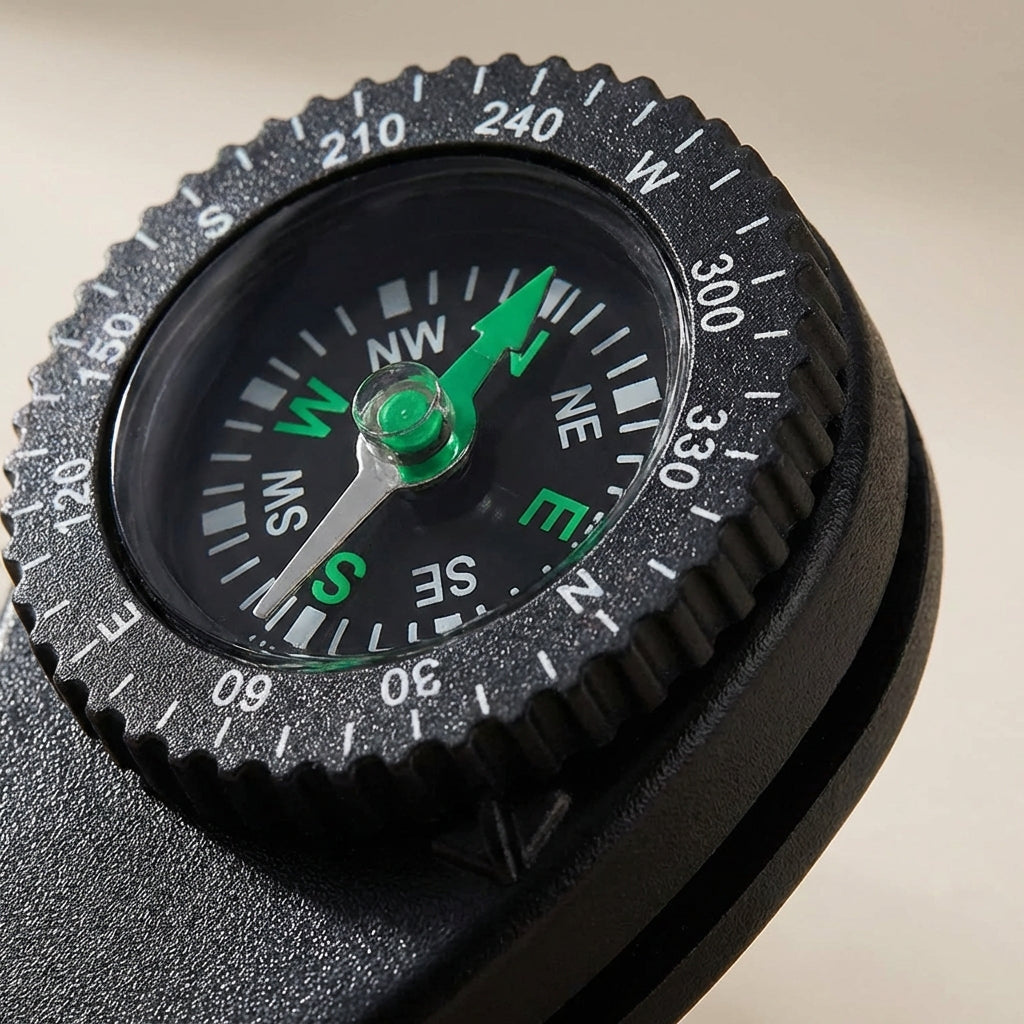 Kompakter Clip-on Kompass für zuverlässige Outdoor-Navigation beim Wandern, Camping und Abenteuern.