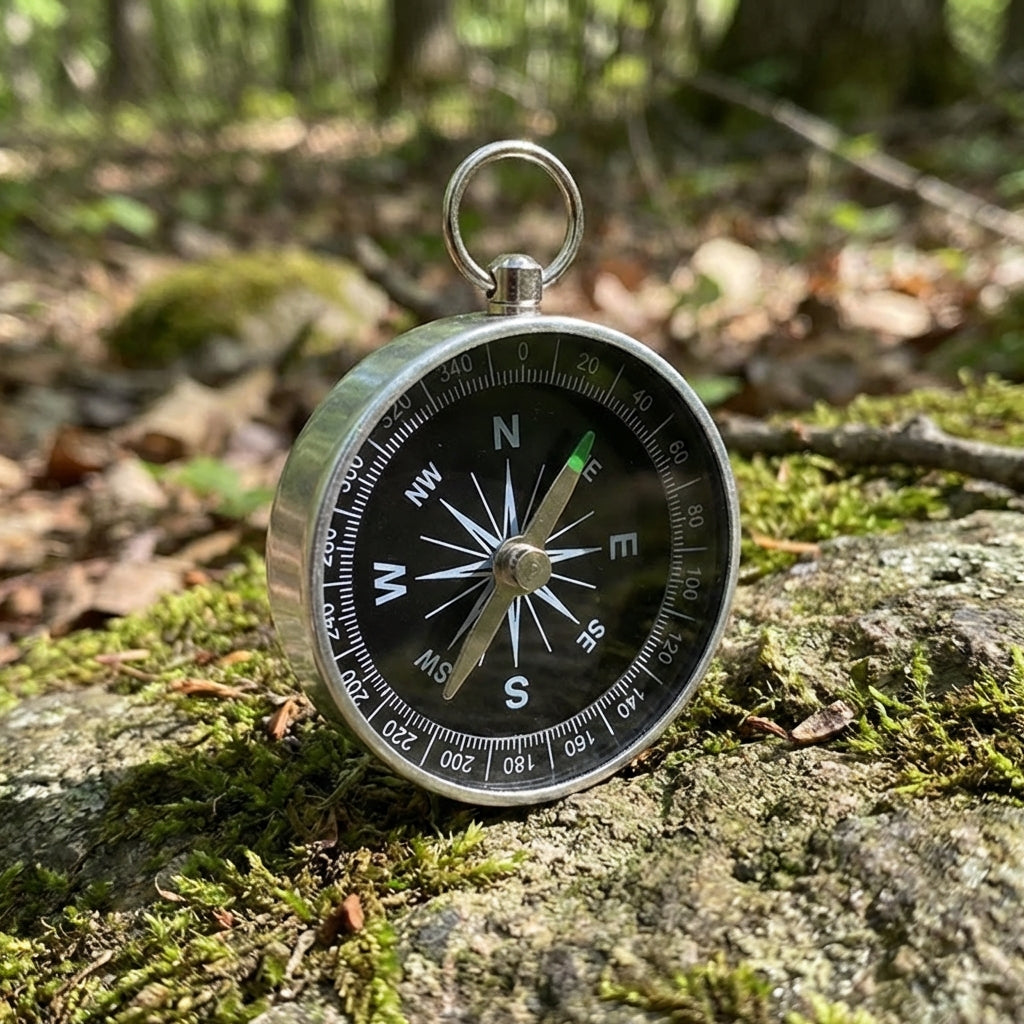 Runder Taschenkompass aus Aluminium für Outdoor-Navigation; ideal für Wanderungen und Abenteuer.