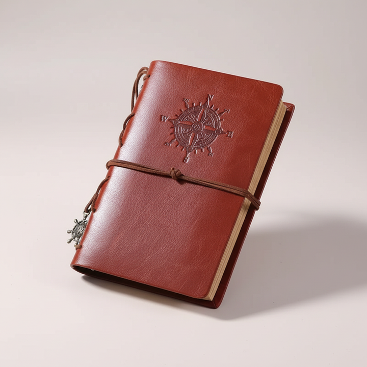 Nachfüllbares Notizbuch für Reisefans, PU-Leder, Vintage-Stil, mit Kompass-Prägung.