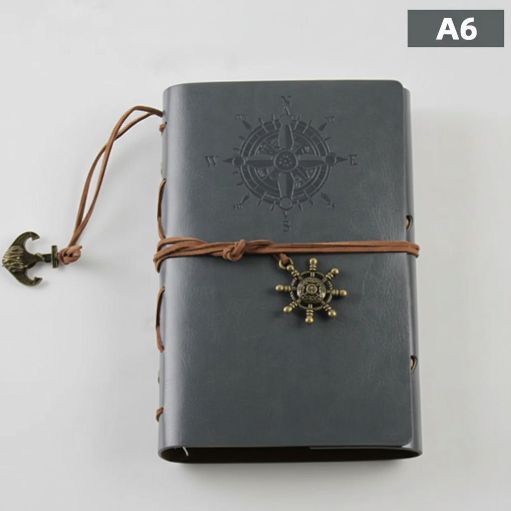 Vintage Notizbuch, braunes PU-Leder, nachfüllbar, mit Kompass-Motiv. Perfekt für Reise-Erinnerungen.