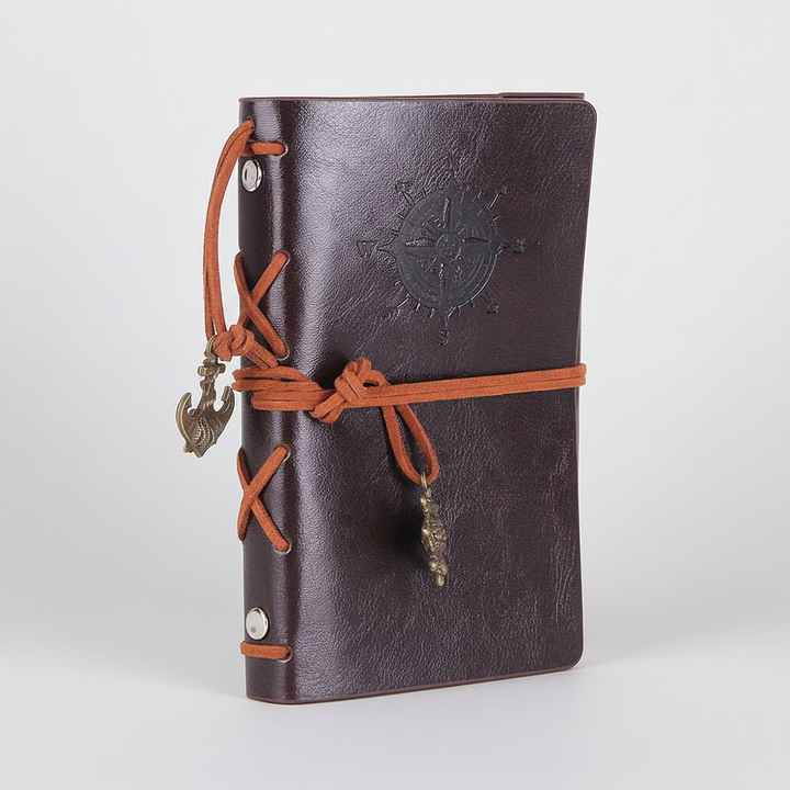 Vintage Notizbuch aus PU-Leder, nachfüllbar, mit Kompass. Halte deine Abenteuer stilvoll fest.