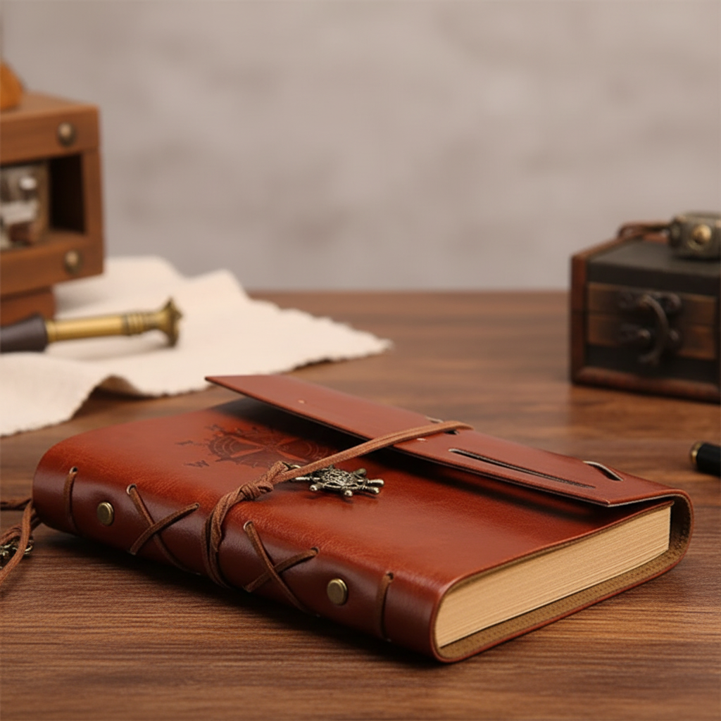Nachfüllbares Retro Reisetagebuch aus PU-Leder mit Kompass-Prägung. Ideal für Abenteuer & Erinnerungen.