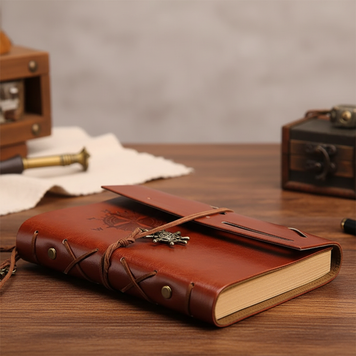 Nachfüllbares Retro Reisetagebuch aus PU-Leder mit Kompass-Prägung. Ideal für Abenteuer & Erinnerungen.