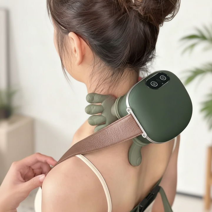 Grünes handförmiges, tragbares Nacken- & Schultermassagegerät aus Silikon und PU für Entspannung.