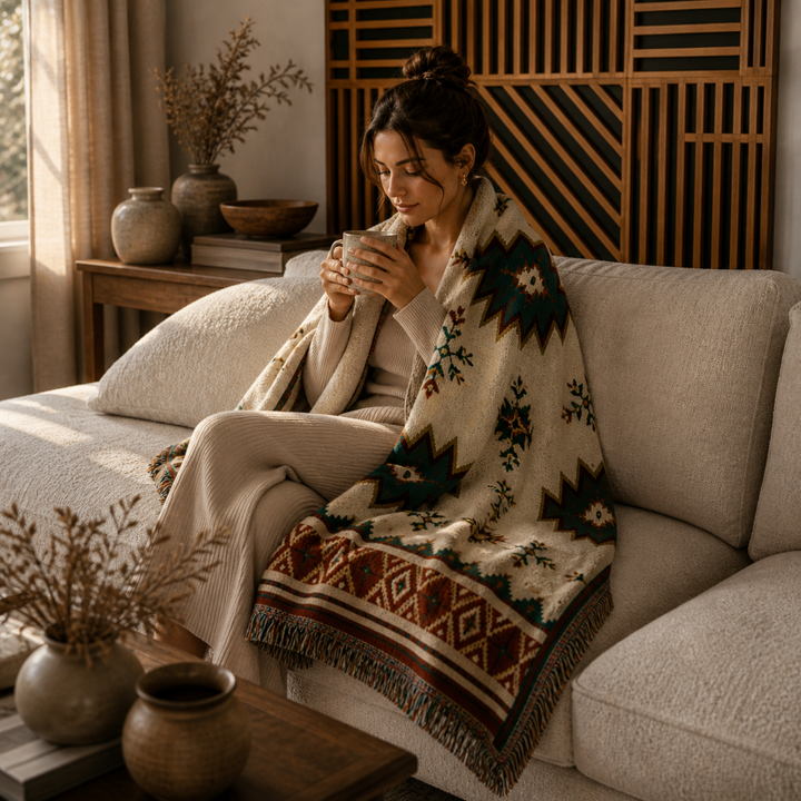 Boho-Kuscheldecke: Jacquard-Muster in warmen Farben. Ideal für gemütliche Abende auf dem Sofa.
