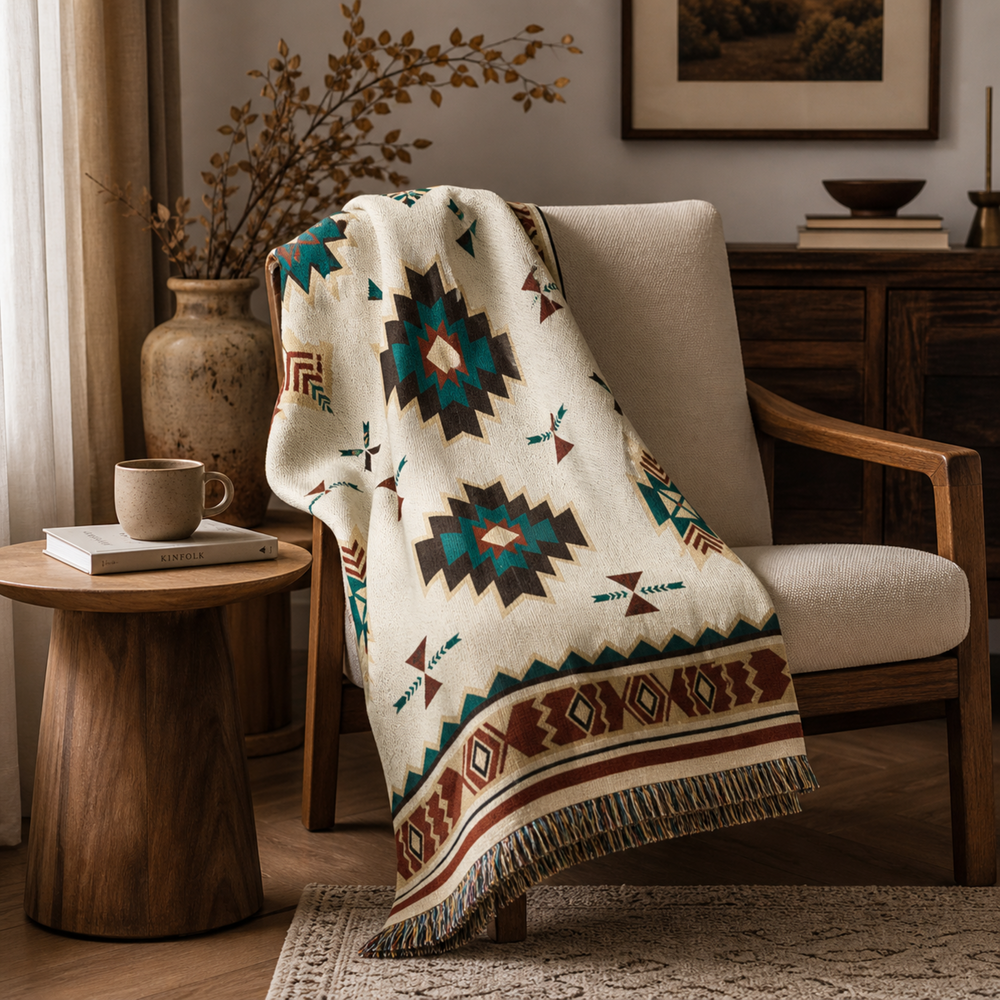 Hochwertige Jacquard-Wolldecke im Boho-Stil. Ideal als Kuscheldecke für Sofa oder Sessel im Wohnzimmer.