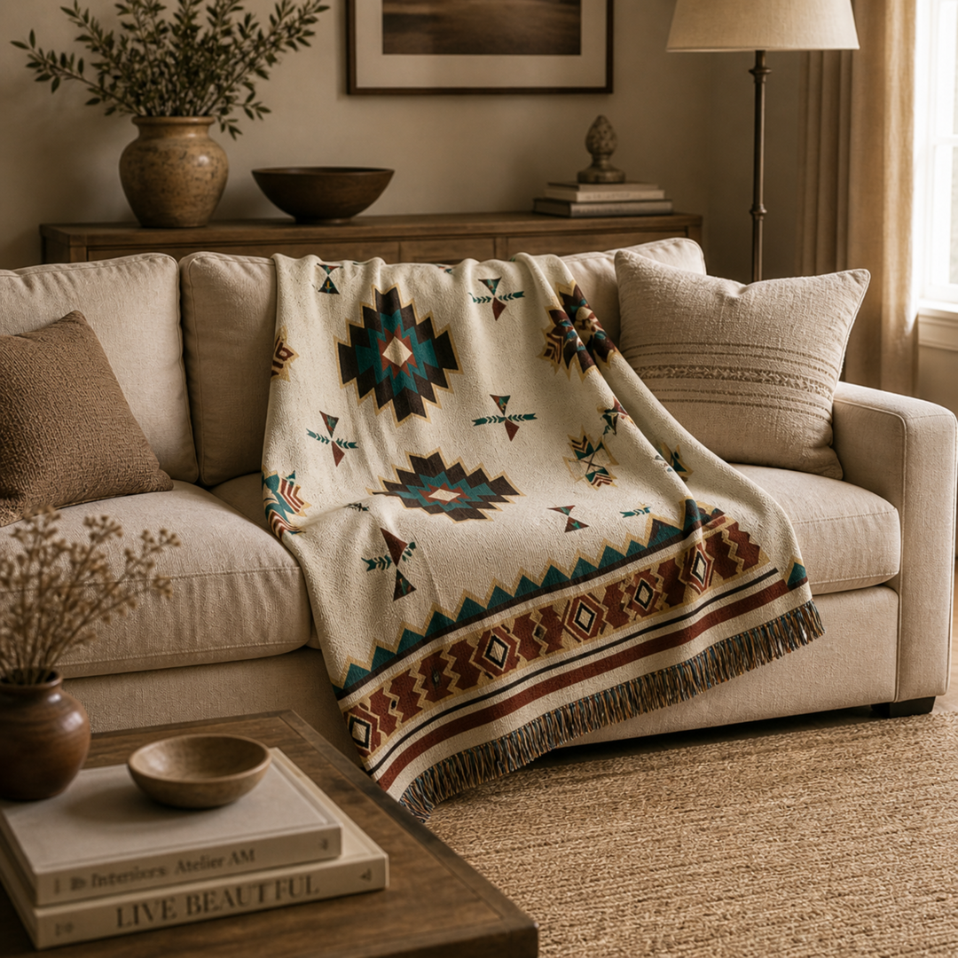 Gemütliche Lounge-Decke mit lebhaftem Azteken-Design, drapiert über ein Sofa. Für stilvolles Wohnen.