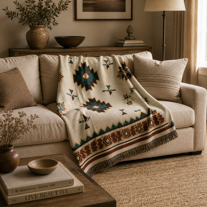 Gemütliche Lounge-Decke mit lebhaftem Azteken-Design, drapiert über ein Sofa. Für stilvolles Wohnen.