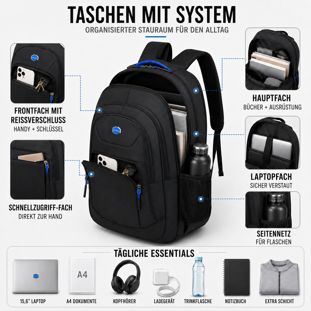 Gut organisierter Business Rucksack mit vielen Fächern für Büro und Reiseutensilien.
