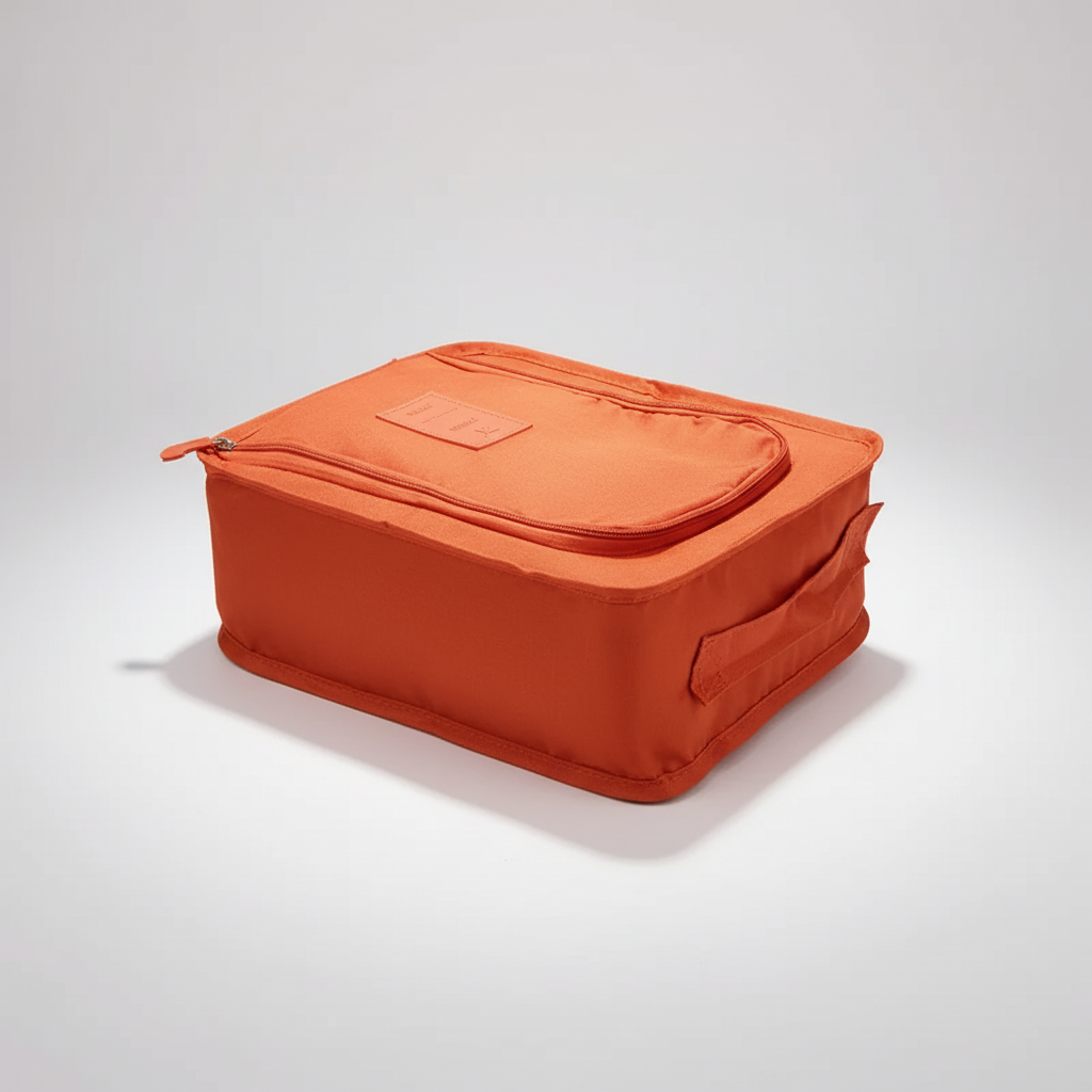 Platzsparender Schuhbeutel in Orange. Perfekt als Koffer-Organizer, um Schuhe separat aufzubewahren.