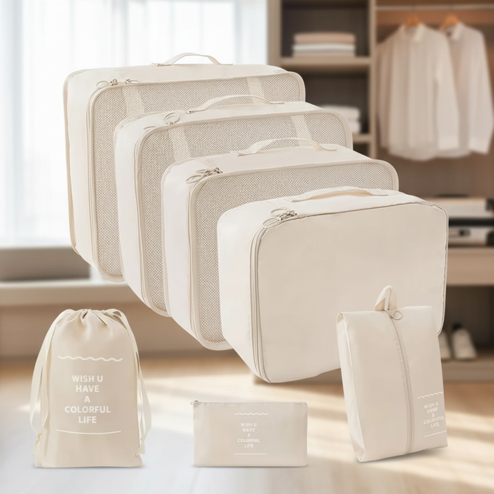 7-teiliges Packwürfel-Set aus Twillgewebe für optimale Reiseorganisation & Gepäck-Ordnung im Koffer.