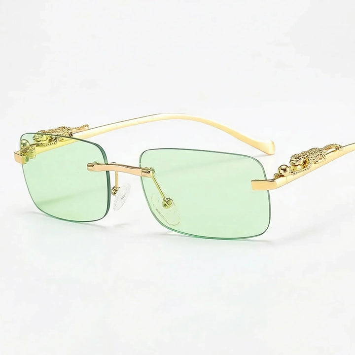 Stilvolle Unisex-Sonnenbrille, randlos quadratisch, mit edlen goldenen Leoparden-Details für umfassenden UV-Schutz.
